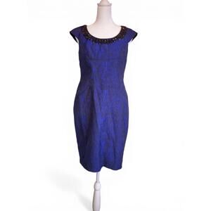 Adrianna Papell Cobalt Blue Black Jeweled Neckline Sheath Cap Sleeve Mini Dress